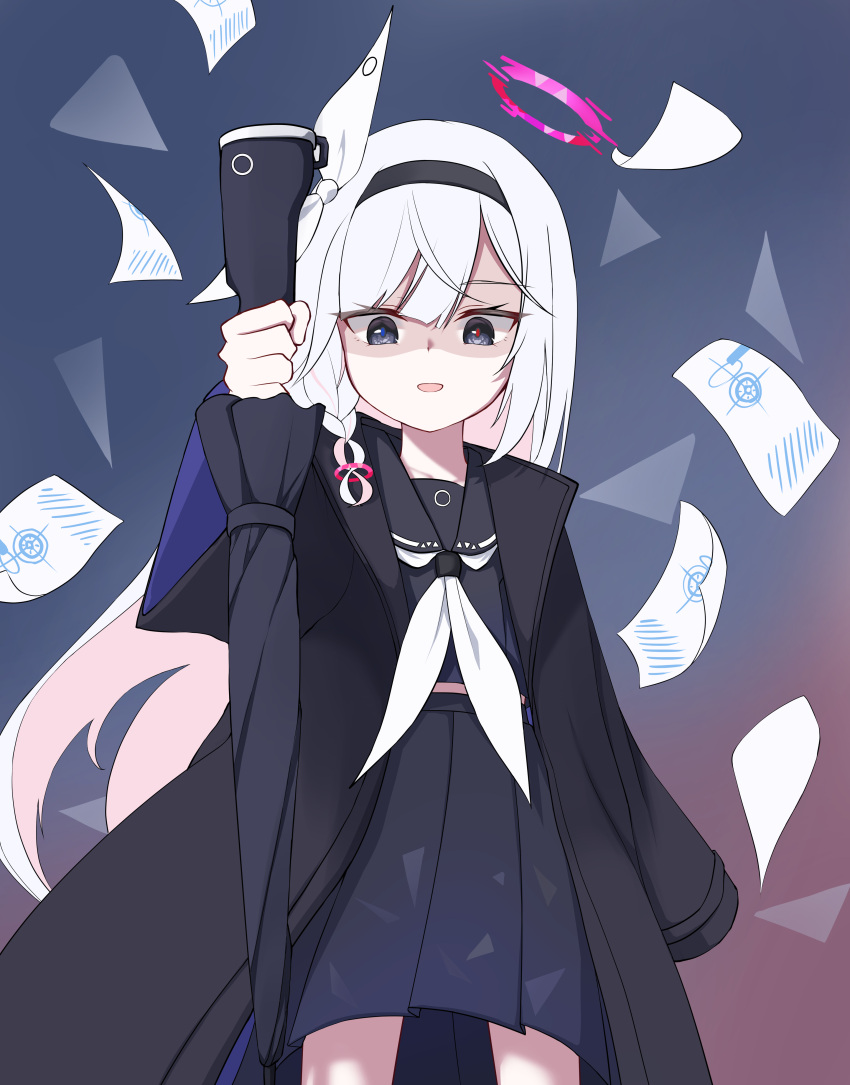 1girl, :d, absurdres, black_coat, black_hairband, black_sailor_collar, black_serafuku, black_shirt