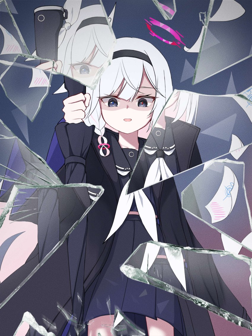 1girl, :d, absurdres, black_coat, black_hairband, black_sailor_collar, black_serafuku, black_shirt