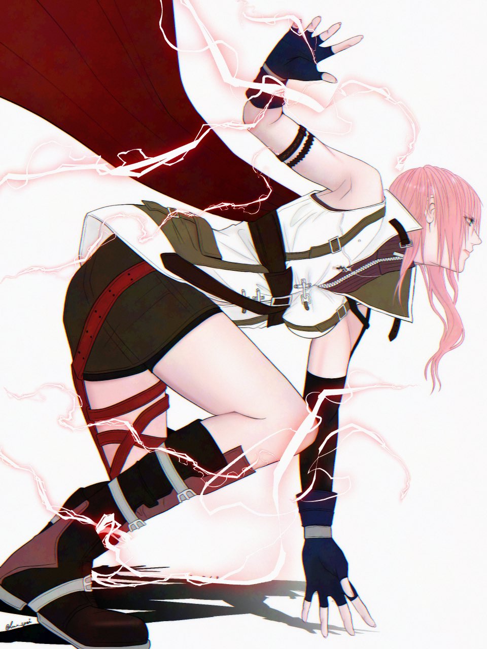 1girl, black_boots, black_gloves, black_shorts, blue_gloves, boots, breasts, brown_sweater, elbow_gloves, electricity, fighting_stance, final_fantasy, final_fantasy_xiii, fingerless_gloves, gloves, highres, lightning_farron, long_hair, lux_spei, medium_breasts, pink_hair, pouch, shorts, single_bare_shoulder, single_elbow_glove, sleeveless, sleeveless_turtleneck, solo, sweater, thigh_pouch, turtleneck, vest, wavy_hair, white_background, white_vest