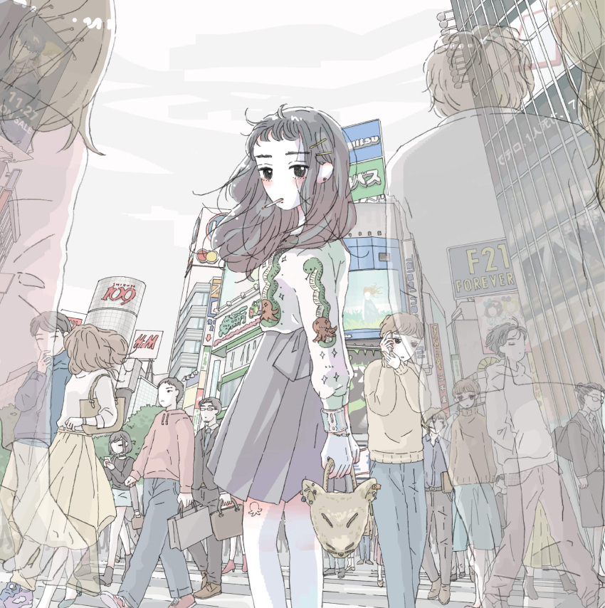 6+boys, 6+girls, bag, black_hair, blue_shoes, briefcase, brown_hair, building