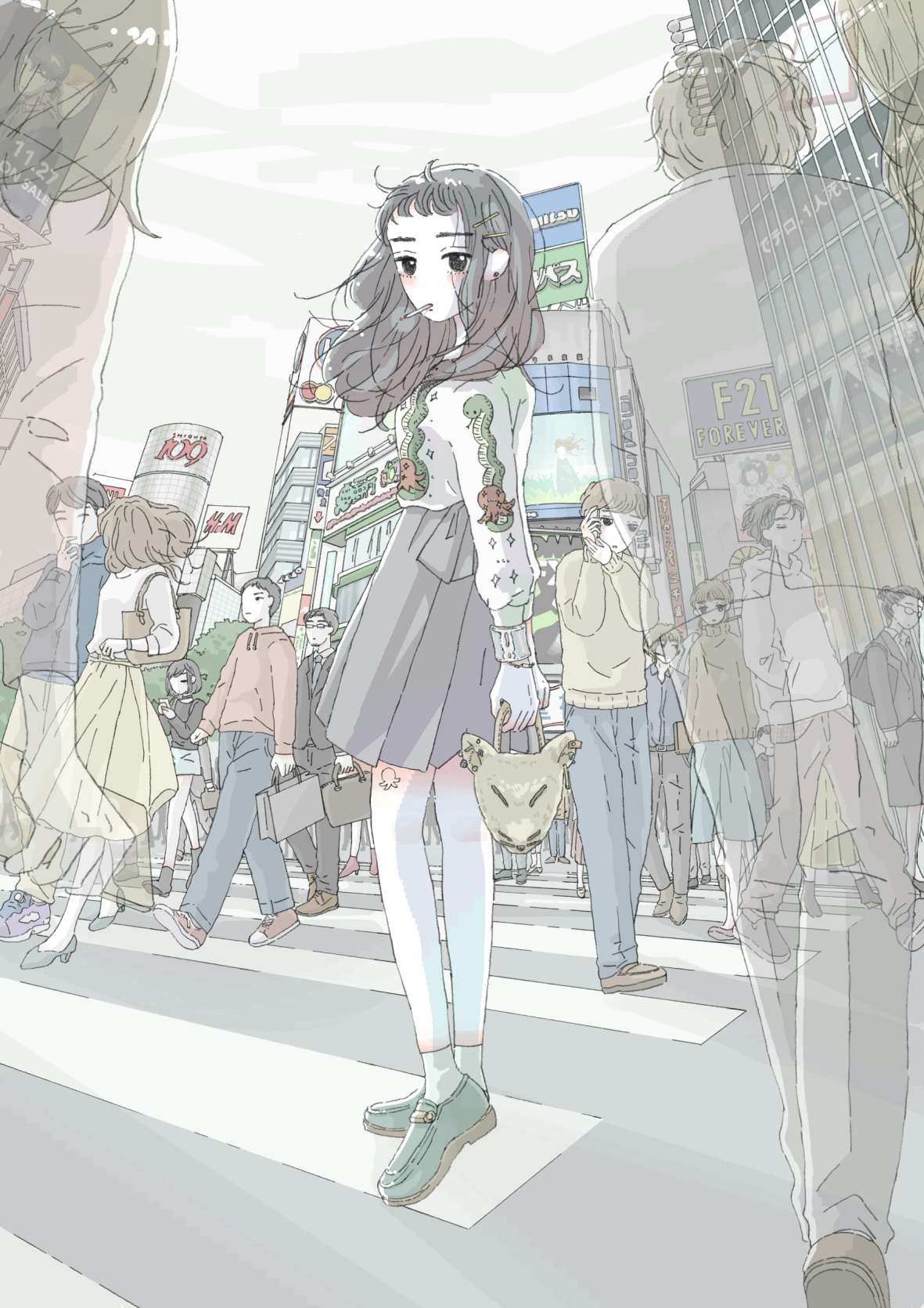 6+boys, 6+girls, bag, black_hair, blue_shoes, briefcase, brown_hair, building