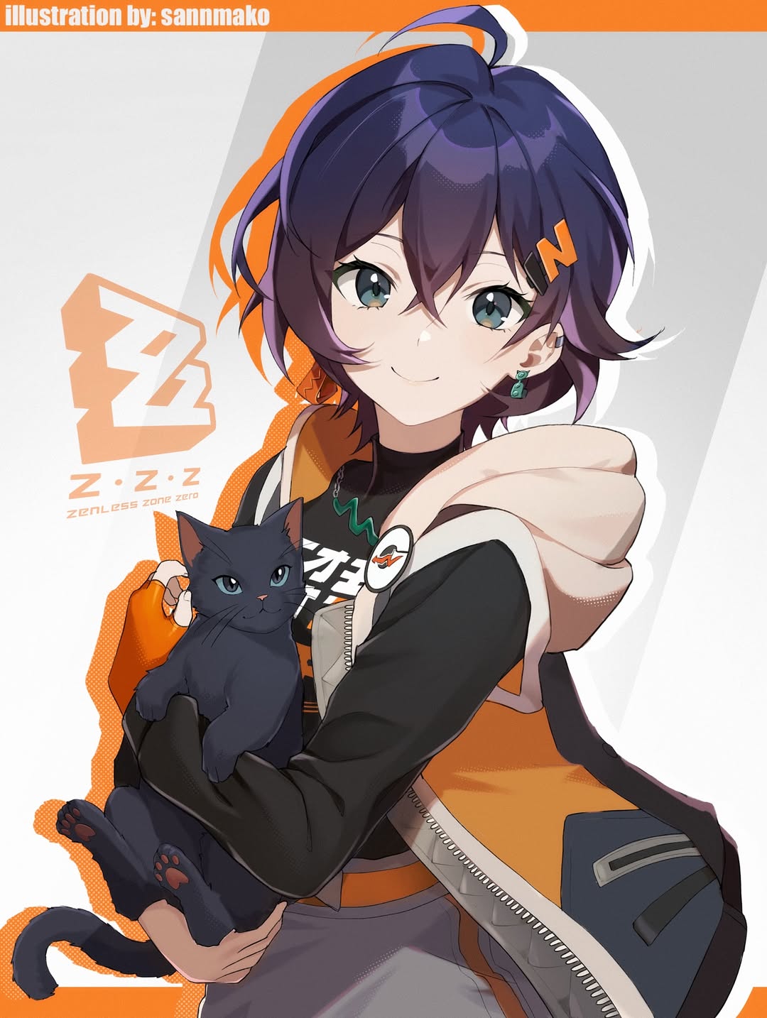 1girl, animal, aqua_eyes, belle_(zenless_zone_zero), black_fur, black_hair, black_shirt, breasts, cat, closed_mouth, earrings, grey_skirt, hair_between_eyes, hair_ornament, highres, holding, holding_animal, holding_cat, jacket, jewelry, letter_hair_ornament, long_sleeves, multicolored_jacket, sannmako, shirt, short_hair, simple_background, skirt, solo, zenless_zone_zero