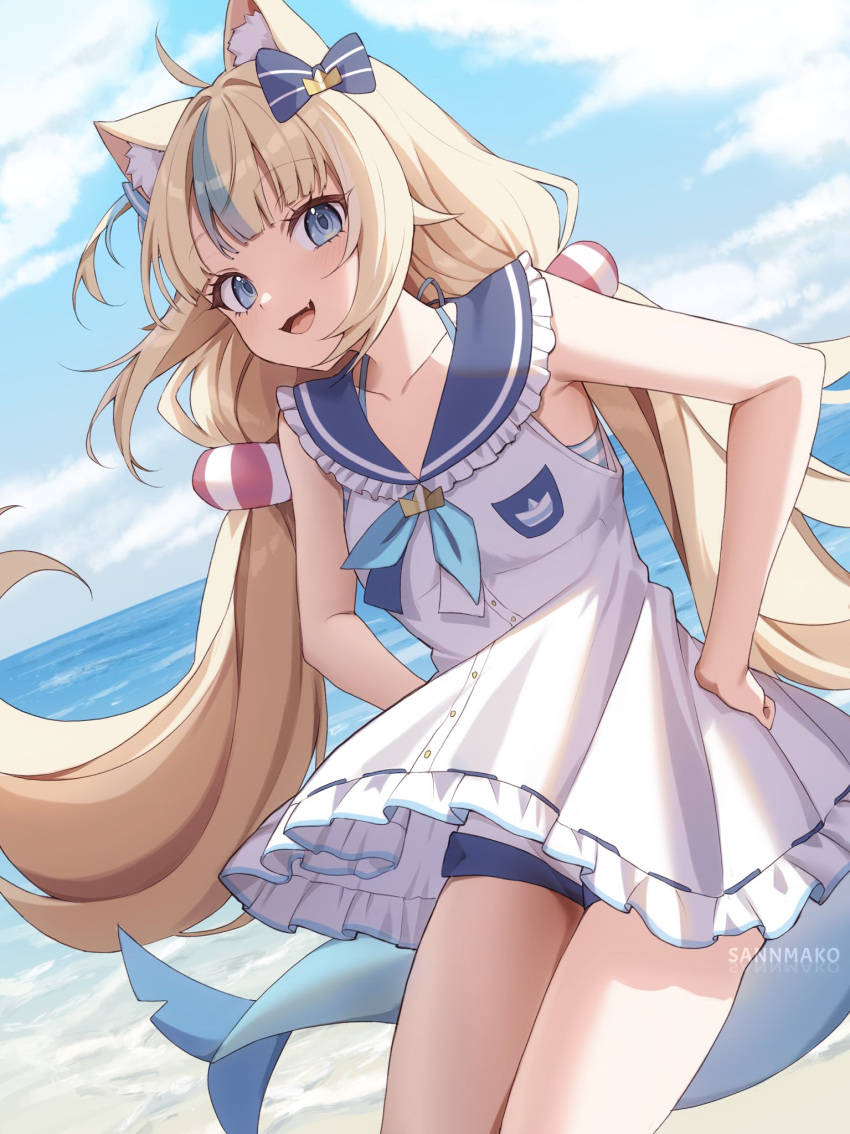 1girl, animal_ears, beach, black_bow, blonde_hair, blue_eyes, blue_hair, bow