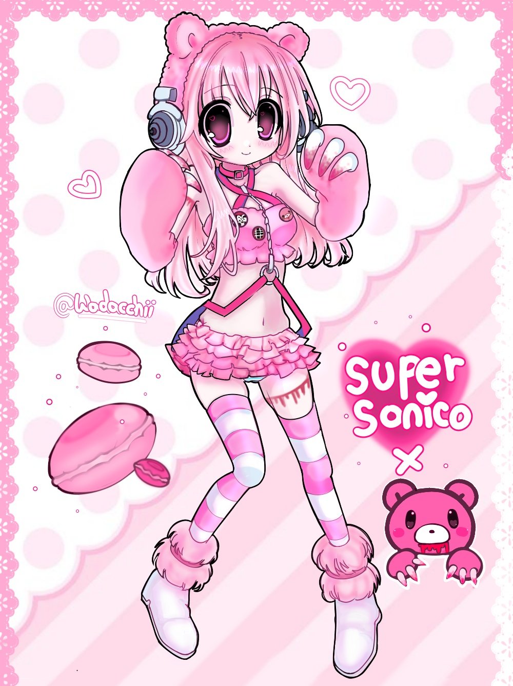 1girl, 2000s_(style), aguchi, alternate_breast_size_(smaller), animal_ears, badge, bear_ears, bear_paws