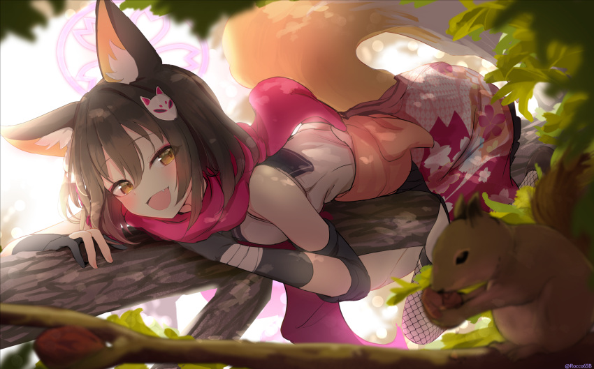 1girl, :d, animal_ears, blue_archive, blush, brown_hair, clothes_around_waist, commentary