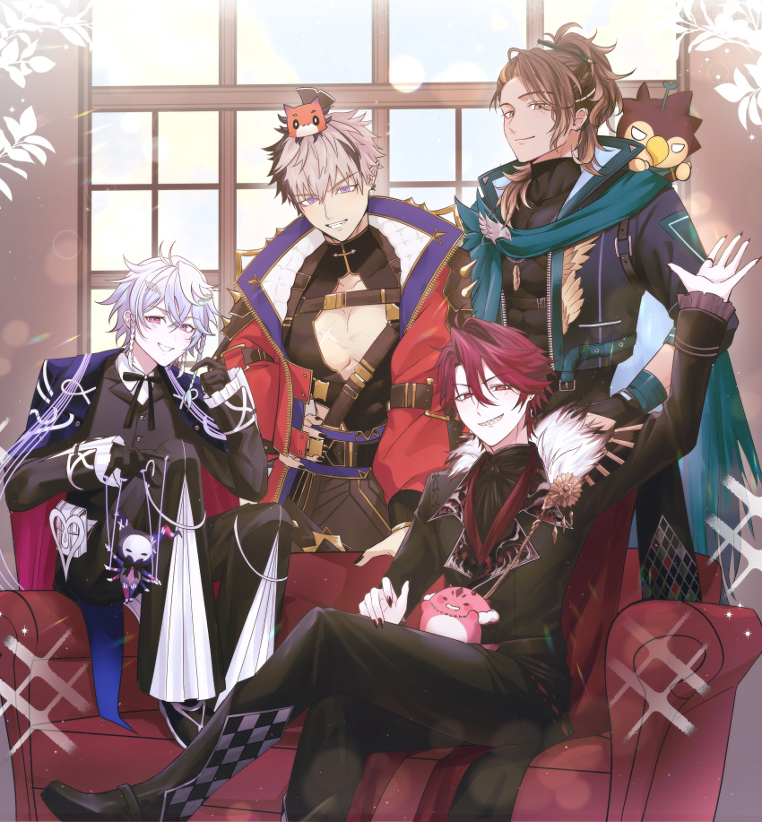 4boys, absurdres, animal_on_shoulder, belt, bird, bird_on_shoulder, black_bow, black_bowtie