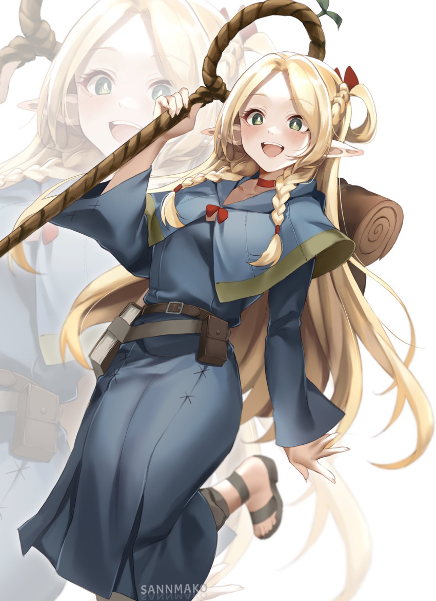 1girl, blonde_hair, blue_capelet, blue_dress, braid, breasts, capelet, choker