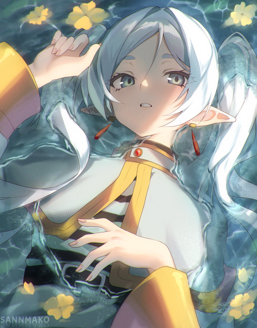 1girl, belt, capelet, commentary, earrings, elf, frieren, green_eyes