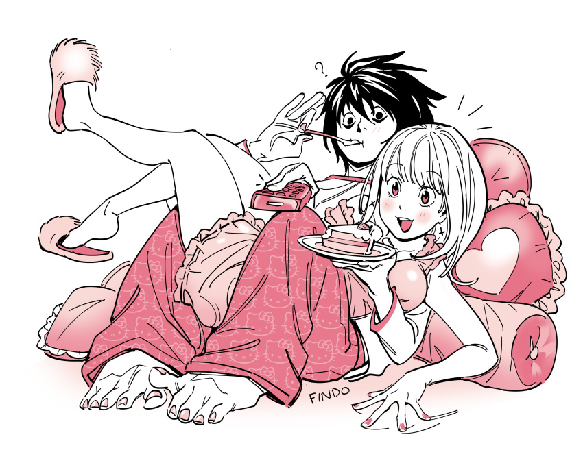 1boy, 1girl, ?, absurdres, amane_misa, animal_print, artist_name, barefoot, black_hair, blush, breasts, cake, cake_slice, cat_print, controller, death_note, findoworld, food, full_body, hair_between_eyes, hello_kitty_print, hetero, highres, holding, holding_cake, holding_food, holding_remote_control, holding_spoon, inverted_cross_earrings, l_(death_note), long_hair, medium_breasts, nail_polish, open_mouth, pajamas, pants, pillow, pink_eyes, pink_nails, pink_negligee, pink_pajamas, pink_pants, pink_slippers, remote_control, shirt, short_hair, sitting, sitting_on_lap, sitting_on_person, slippers, smile, spoon, utensil_in_mouth, white_background, white_shirt