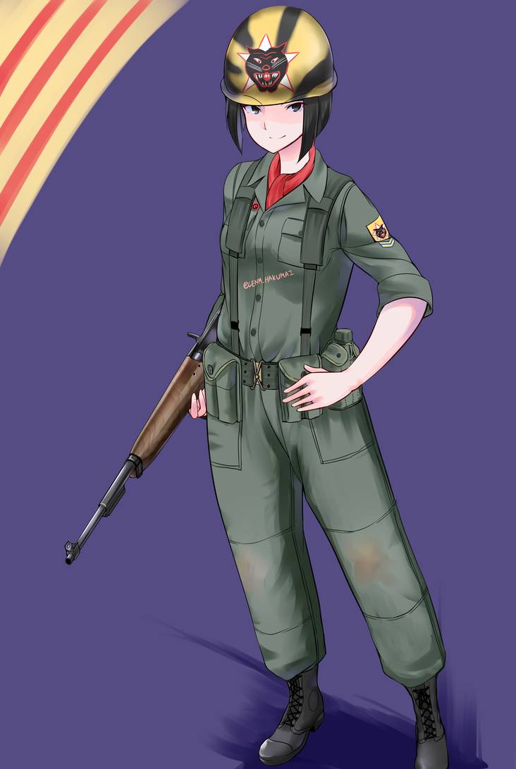 1girl, army, army_of_the_republic_of_vietnam, bad_id, bad_pixiv_id, battle_rifle, black_eyes, black_hair, bob_cut, boots, closed_mouth, full_body, gun, helmet, holding, holding_gun, holding_weapon, m14, military, military_uniform, nguyen_tam_lee, original, rifle, short_hair, soldier, solo, weapon