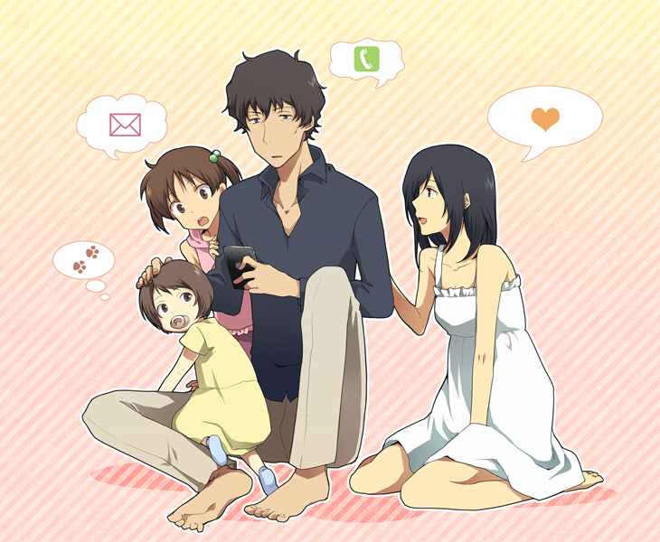 1boy, 3girls, barefoot, black_hair, black_shirt, brown_hair, cellphone, diagonal-striped_background, dress, gradient_background, heart, holding, holding_phone, jinnouchi_kana, jinnouchi_mao, jinnouchi_wabisuke, looking_at_phone, mail, mitsuru_(mitsu5), multiple_girls, pacifier, pants, paw_print, phone, shinohara_natsuki, shirt, short_twintails, sitting, socks, striped_background, summer_wars, twintails, uncle_and_niece, white_dress, yellow_dress