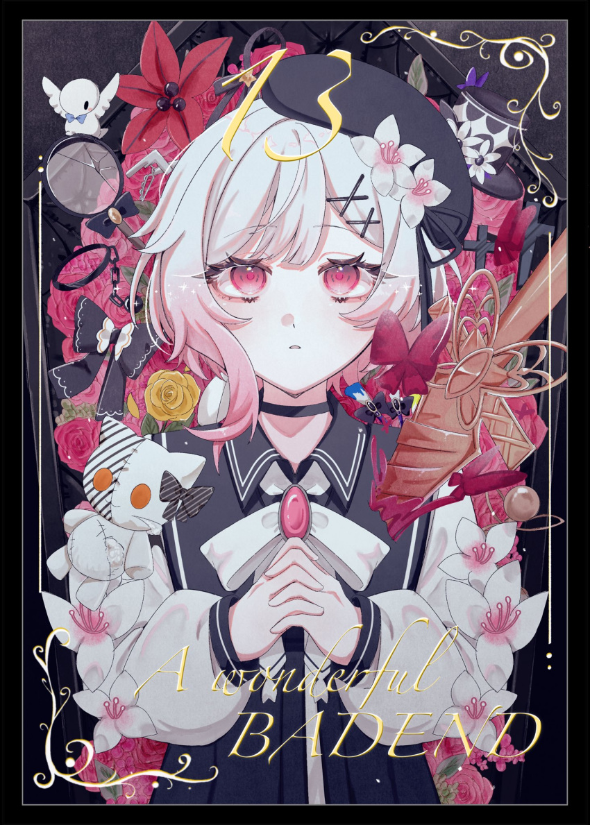 1girl, beret, black_background, black_choker, black_hat, bug, butterfly, cherry_blossoms
