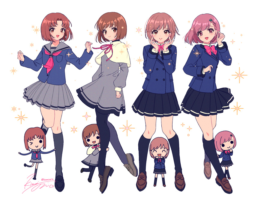 4girls, black_pantyhose, black_shoes, black_skirt, black_socks, blue_jacket, bow, bowtie