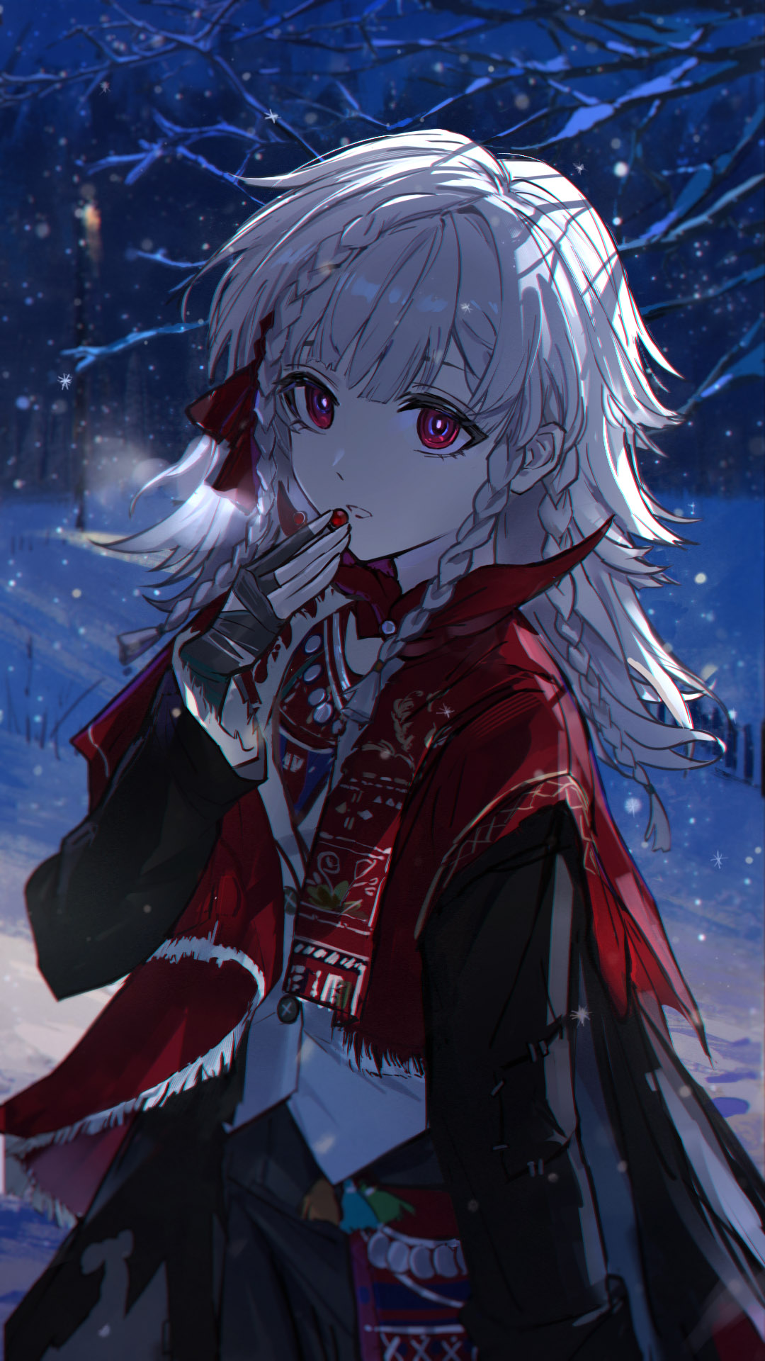 1girl, backlighting, bare_tree, black_coat, black_gloves, black_pants, cloak, coat