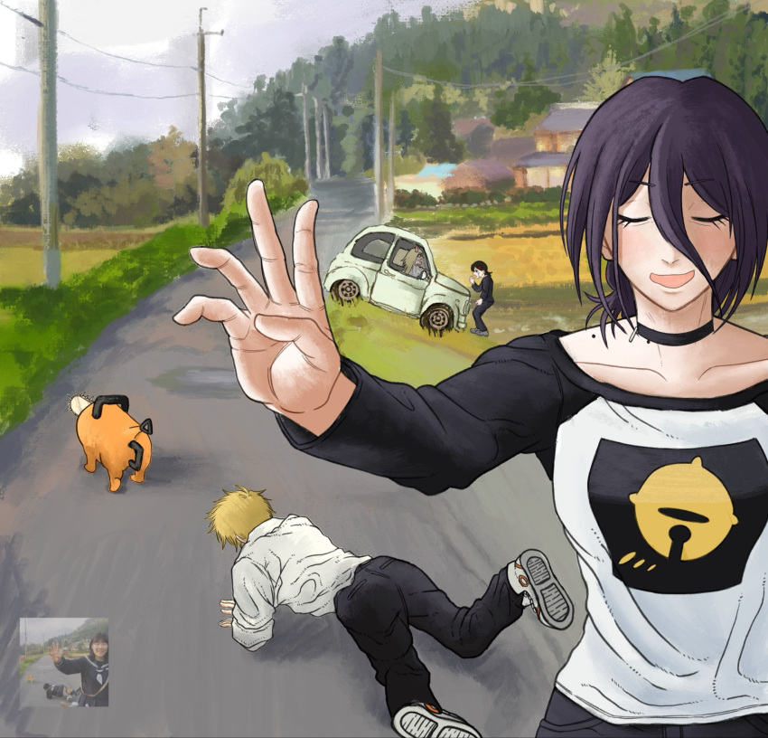 1boy, 3girls, black_choker, black_hair, black_jacket, black_pants, black_shorts, black_sleeves