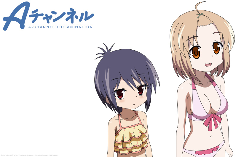 a_channel, bikini, blonde_hair, blush, cleavage, orange_eyes, purple_hair, red_eyes