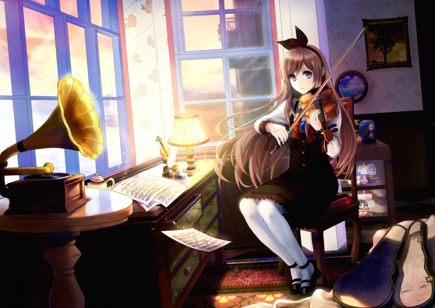 dress, hair_bow, instrument, long_hair, music, original, pantyhose, sitting