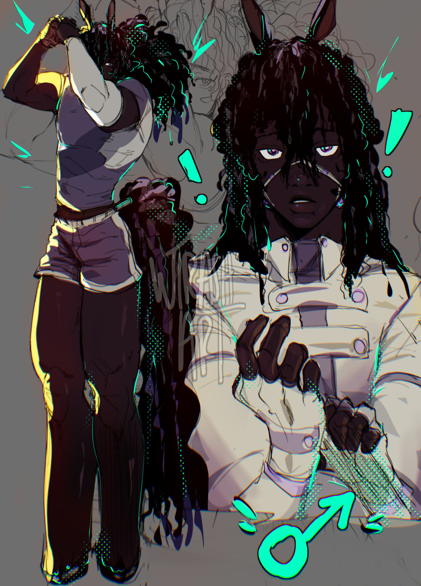 !, 1boy, absurdres, adjusting_clothes, adjusting_gloves, animal_ears, arms_up, aysi_ac, black_hair, dark-skinned_male, dark_skin, english_commentary, fingerless_gloves, friesian_horse_girl, full_body, genderswap, genderswap_(ftm), gloves, gym_shorts, hair_between_eyes, highres, horse_boy, horse_ears, horse_tail, jacket, lips, long_hair, long_sleeves, male_focus, mars_symbol, multiple_views, original, parted_lips, shirt, short_sleeves, shorts, sketch, standing, tail, umamusume, upper_body, very_dark_skin