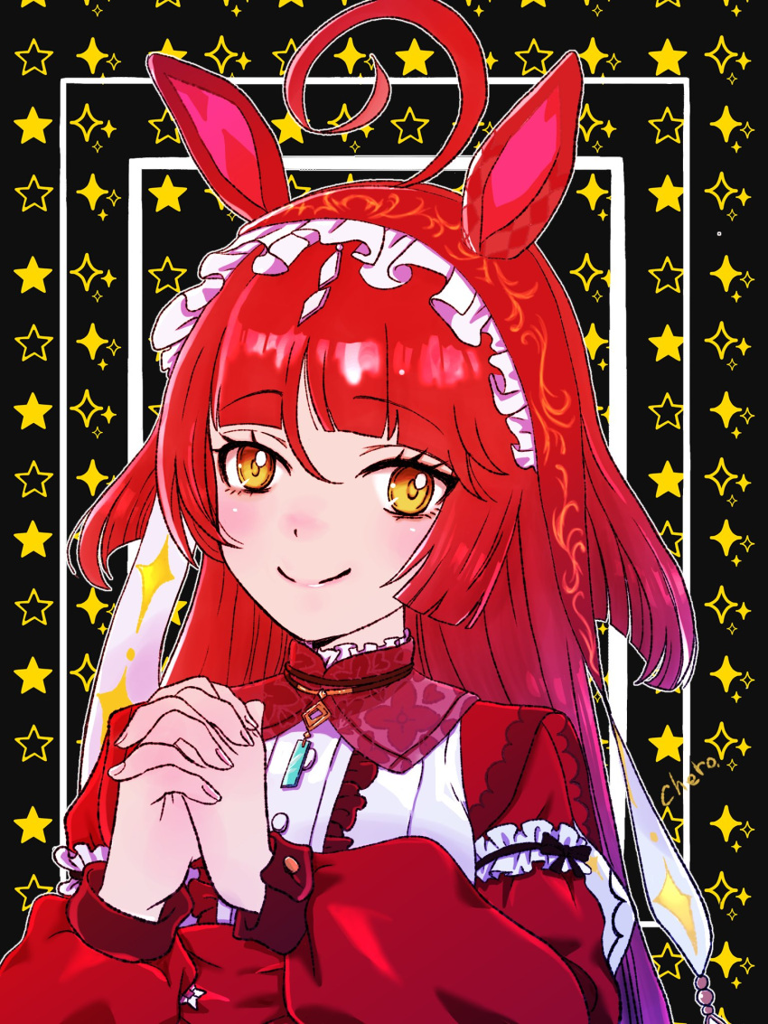 1girl, ahoge, animal_ears, blunt_bangs, blush, breasts, closed_mouth, commentary_request