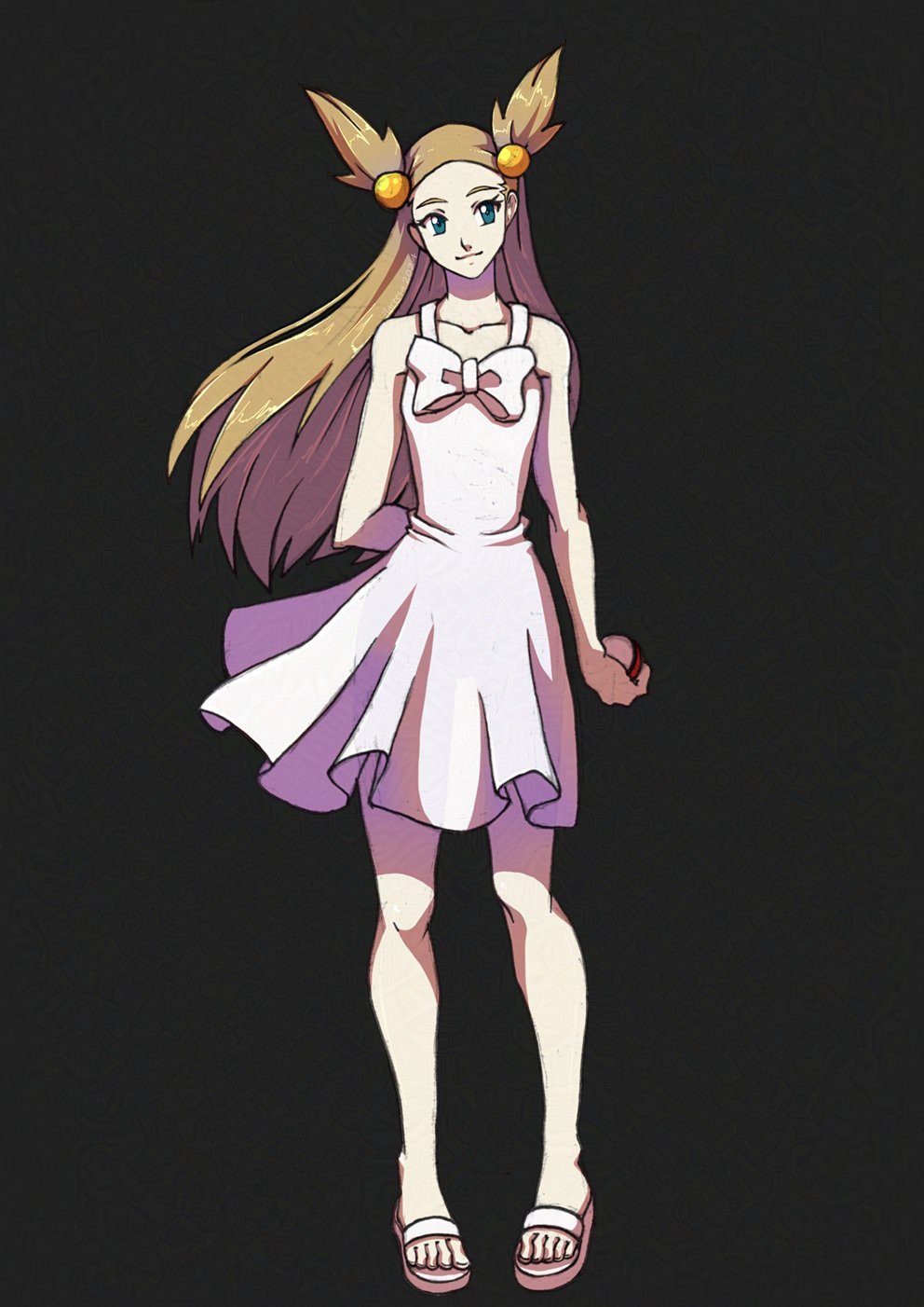 1girl, arm_behind_back, black_background, brown_hair, collared_shirt, dress, full_body, hair_bobbles, hair_ornament, hartesa, highres, holding, holding_poke_ball, jasmine_(pokemon), poke_ball, poke_ball_(basic), pokemon, pokemon_gsc, sandals, shirt, sleeveless, sleeveless_dress, solo, standing, sundress, twintails, two_side_up