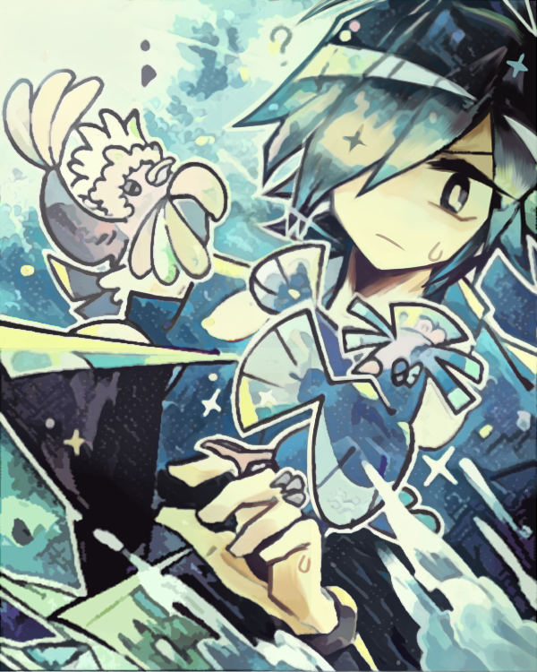 1boy, 20_(1more_surren), ?, blue_hair, blue_theme, dutch_angle, falkner_(pokemon), hair_over_one_eye