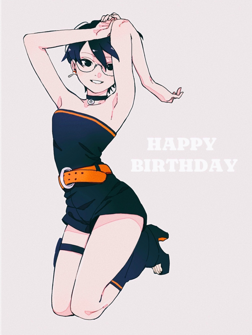 1girl, armpits, arms_up, bare_shoulders, belt, black_choker, black_eyes, black_hair