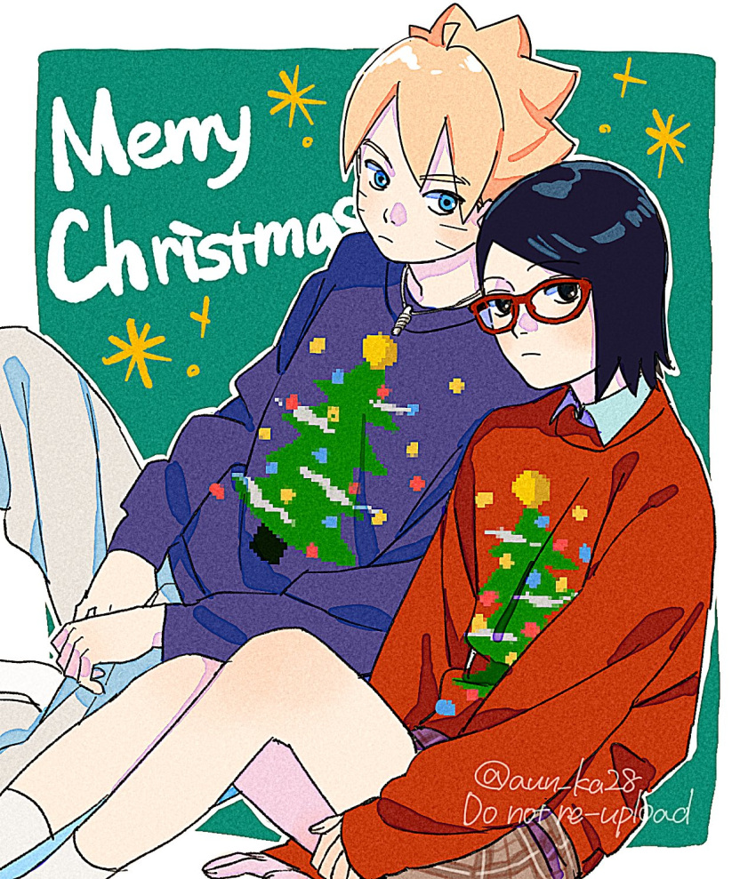 1boy, 1girl, black_eyes, black_hair, blonde_hair, blue_eyes, blue_sweater, boruto:_naruto_next_generations, commentary, facial_mark, film_grain, glasses, grey_pants, highres, jewelry, light_frown, merry_christmas, naruto_(series), necklace, onka_(aun_ka28), pants, plaid_clothes, red-framed_eyewear, red_sweater, short_hair, sleeves_past_wrists, socks, sweater, swept_bangs, symbol-only_commentary, twitter_username, uchiha_sarada, uzumaki_boruto, whisker_markings, white_socks