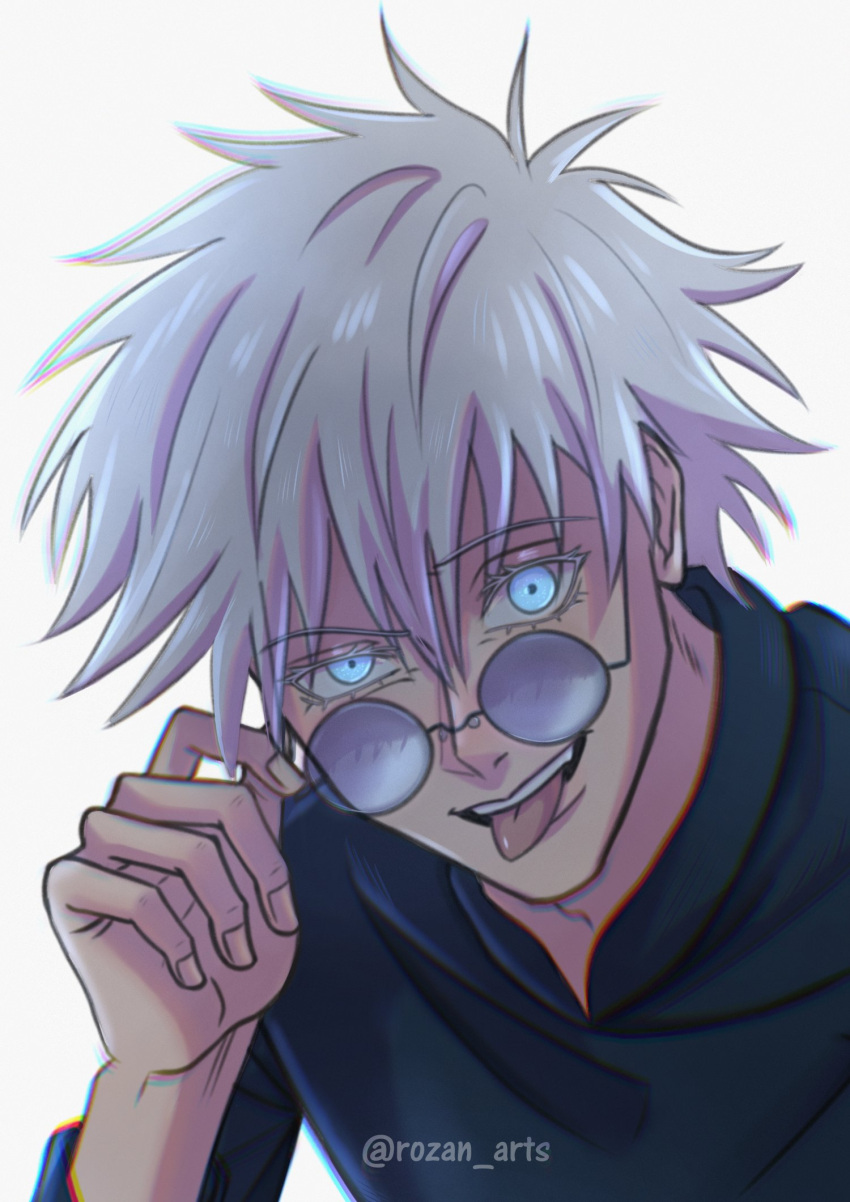 1boy, alt_text, blue_eyes, chromatic_aberration, commentary, english_commentary, glasses, gojou_satoru, highres, jujutsu_kaisen, male_focus, open_mouth, portrait, rozan_arts, smile, solo, tongue, tongue_out, twitter_username, watermark, white_hair