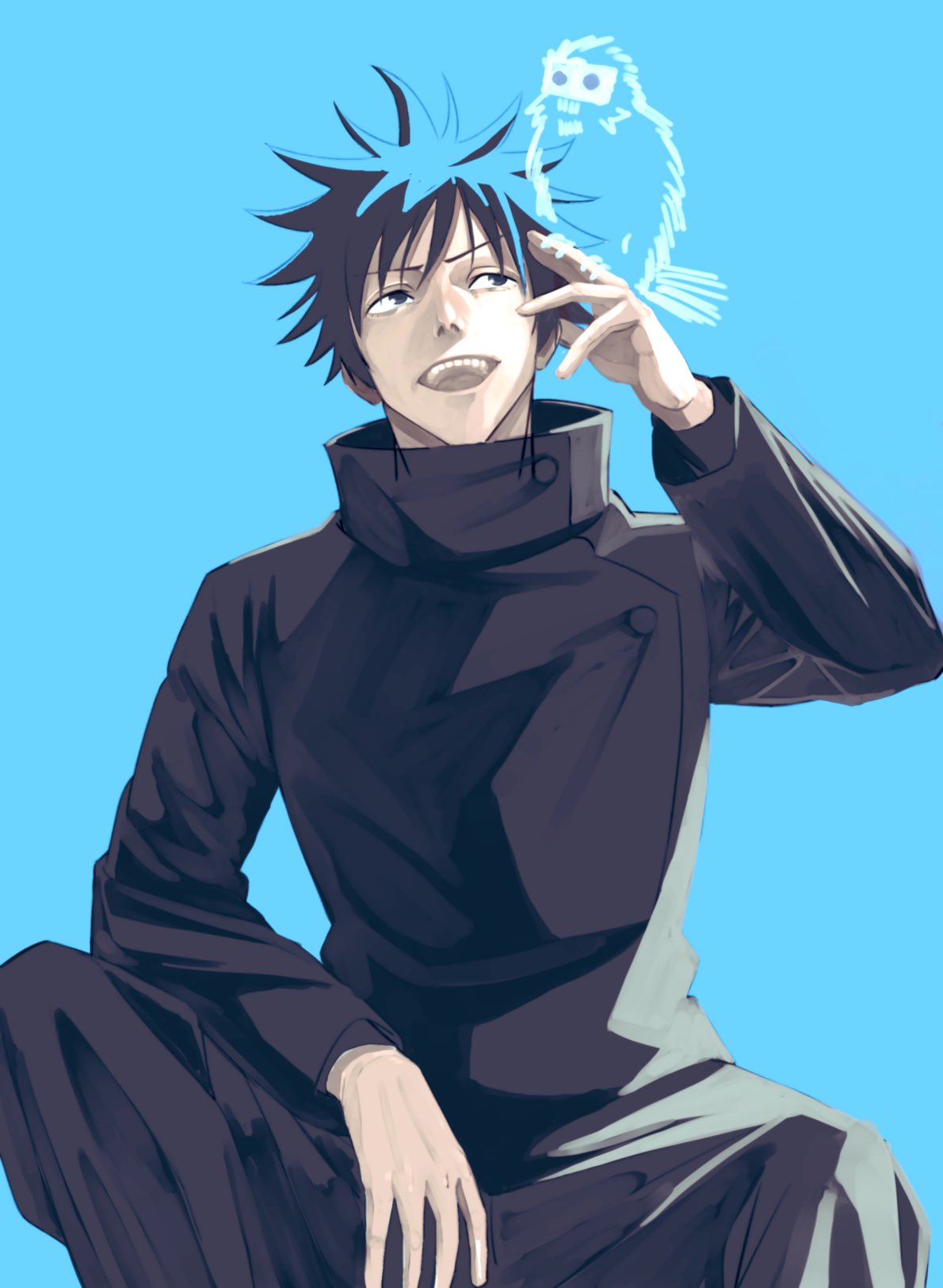 1boy, black_hair, black_jacket, black_pants, blue_background, creature, fushiguro_megumi, hair_between_eyes, highres, jacket, jujutsu_kaisen, jujutsu_tech_uniform, kamosuto, long_sleeves, male_focus, open_mouth, pants, short_hair, sitting, smile, solo, spiky_hair, upper_body