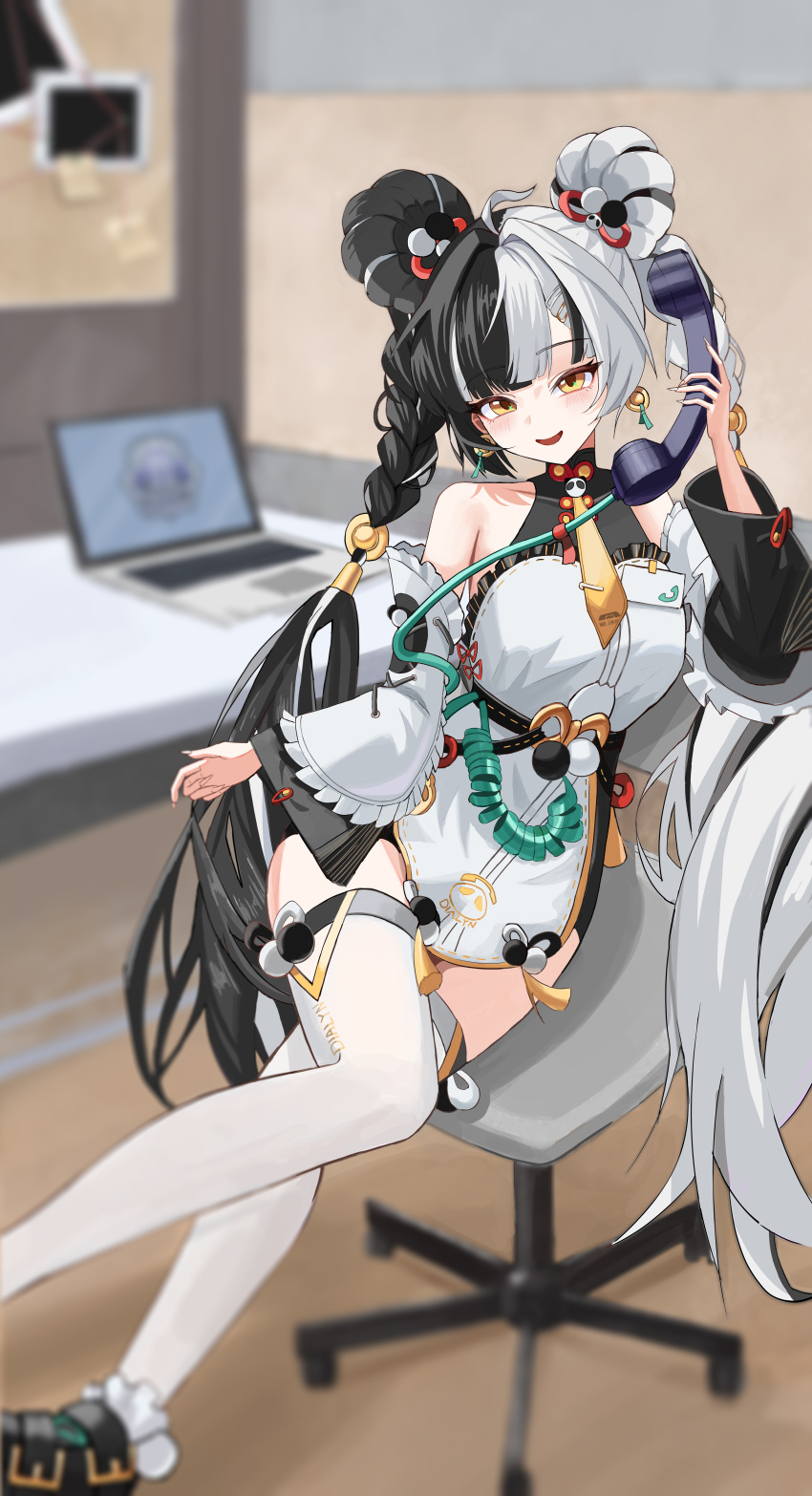 1girl, absurdres, bare_shoulders, black_hair, braid, breasts, chair, computer
