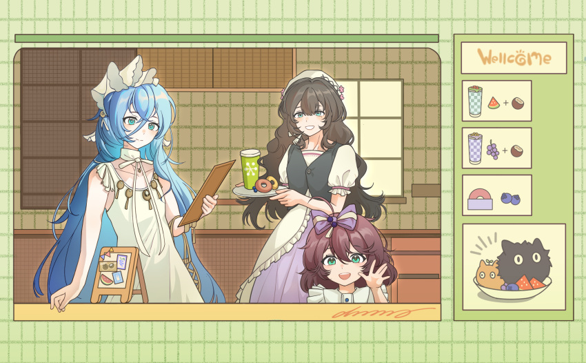37_(naisnow)_(reverse:1999), 37_(reverse:1999), 3girls, ahoge, bagel, beret, black_vest, blue_eyes