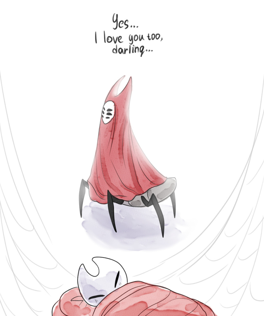 2girls, absurdres, black_eyes, blush, boopie, cloak, english_text, herrah_(hollow_knight), highres, hollow_eyes, hollow_knight, hollow_knight:_silksong, horned_mask, hornet_(hollow_knight), looking_at_another, mask, multiple_girls, red_cloak, silk, sleeping, spider_web, walking
