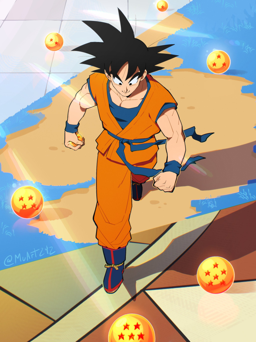 1boy, absurdres, ankle_boots, arched_bangs, arena, arms_at_sides, biceps, black_eyes