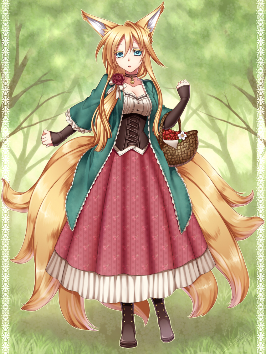 basket, blonde_hair, blush, flower, fox_ears, fox_tail, green_eyes, hair_flower