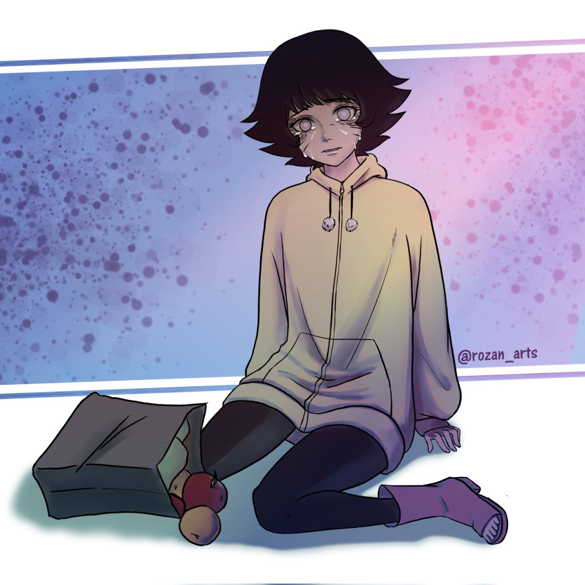 1girl, alt_text, bag, black_hair, black_pants, boots, boruto:_naruto_next_generations, byakugan