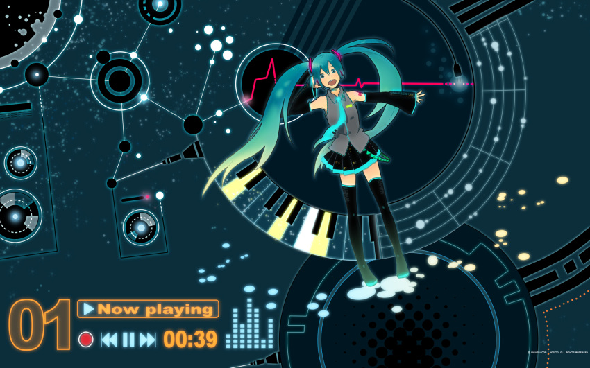 1girl, aqua_eyes, aqua_hair, detached_sleeves, hands, hatsune_miku, headphones, headset