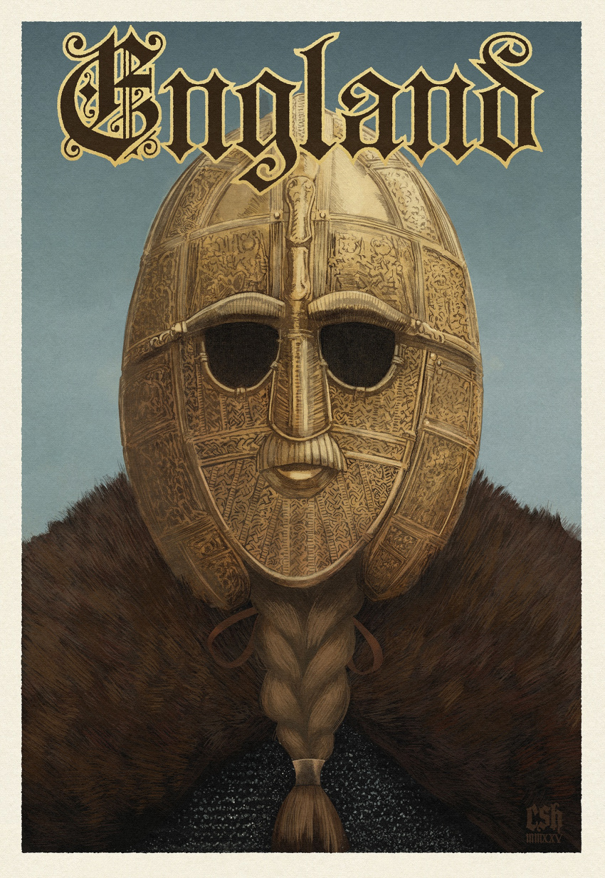 1boy, anglo-saxon, armor, beard, blonde_hair, brown_cloak, chainmail, christian_sloan_hall, cloak, england, facial_hair, fake_facial_hair, fake_mustache, fur_cloak, gold_helmet, helmet, highres, portrait, raedwald_of_east_anglia, real_life, roman_numeral, solo, sutton_hoo_helmet, tied_beard, traditional_media