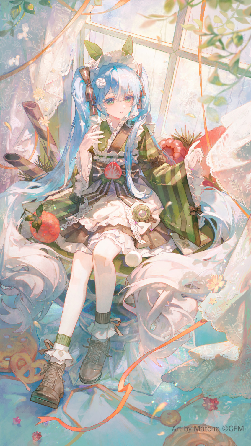 1girl, absurdres, apron, black_skirt, blue_eyes, blue_hair, commentary, copyright_notice