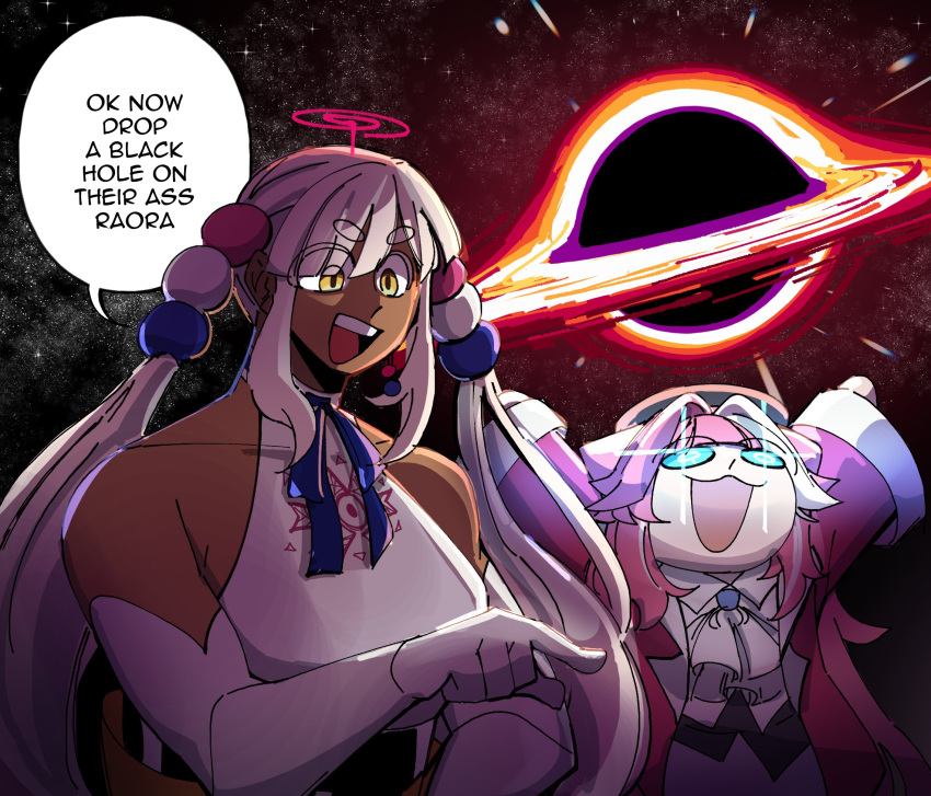 2girls, animal_ears, black_hole, blonde_hair, dark-skinned_female, dark_skin, elbow_gloves, gloves, hair_ornament, hat, highres, hololive, hololive_english, limiter_(tsukumo_sana), long_hair, mage_arena, mochiparrot, multicolored_hair, multiple_girls, panther_ears, pink_hair, planet_hair_ornament, raora_panthera, raora_panthera_(1st_costume), streaked_hair, tsukumo_sana, tsukumo_sana_(1st_costume), twintails, very_long_hair, virtual_youtuber, yellow_eyes