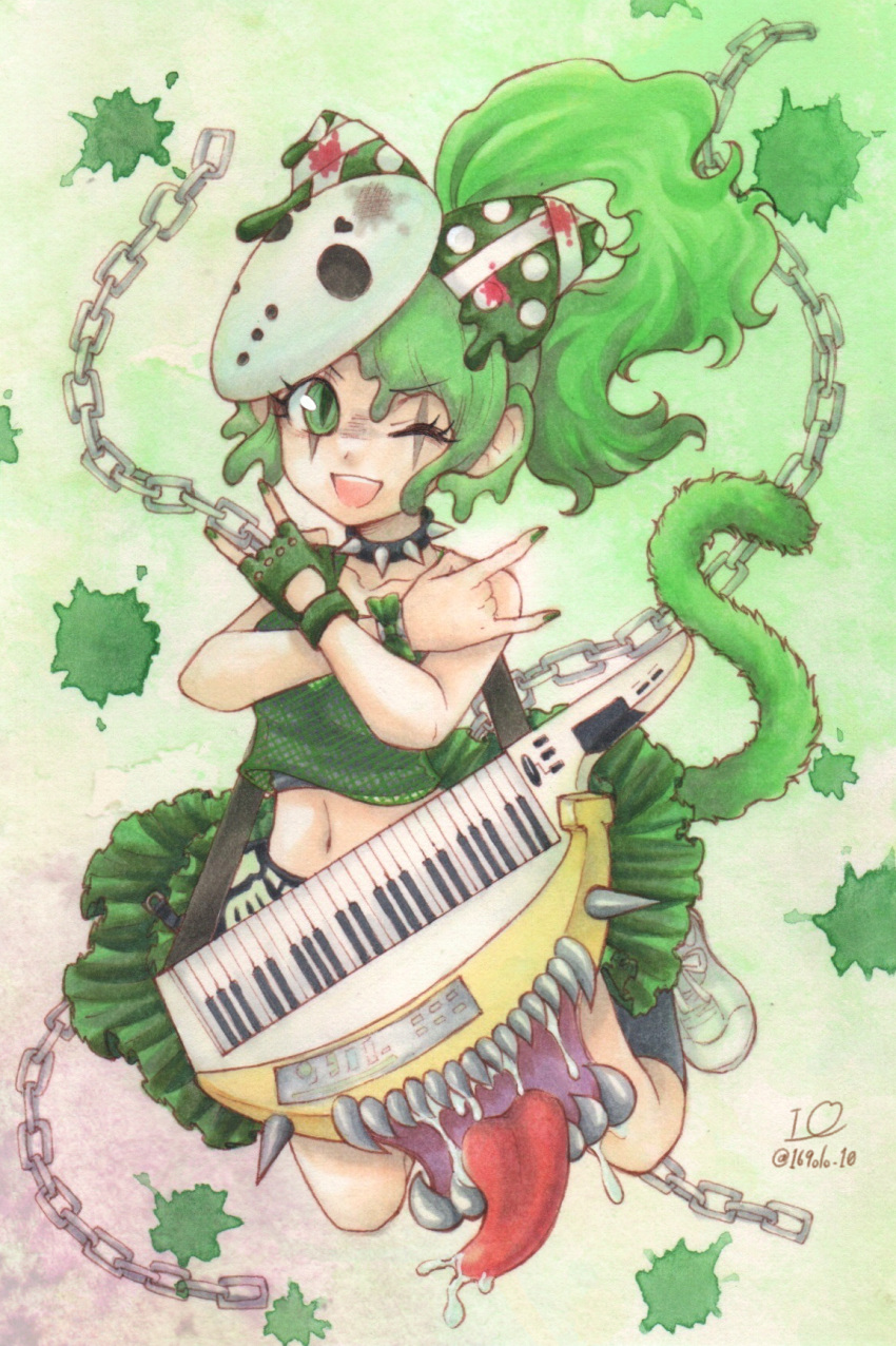 :d, ;d, \n/, abstract_background, bare_shoulders, black_collar, black_socks, bow, chain, collar, commentary_request, cropped_tank_top, crossed_arms, eyelashes, facial_tattoo, fingerless_gloves, fishnet_tank_top, gloves, green_background, green_bow, green_gloves, green_hair, green_skirt, green_tank_top, grey_tank_top, highres, hockey_mask, instrument, io_(maryann_blue), kanon_beryl, keytar, kneehighs, layered_tank_top, long_hair, mask, mask_on_head, midriff, mimic, miniskirt, navel, one_eye_closed, polka_dot, polka_dot_background, saliva, shoes, show_by_rock!!, single_fingerless_glove, single_glove, skirt, smile, socks, spiked_collar, spikes, splatter, tail, tank_top, tattoo, tongue, tongue_out, two-tone_background, two-tone_bow, white_background, white_bow, white_shoes