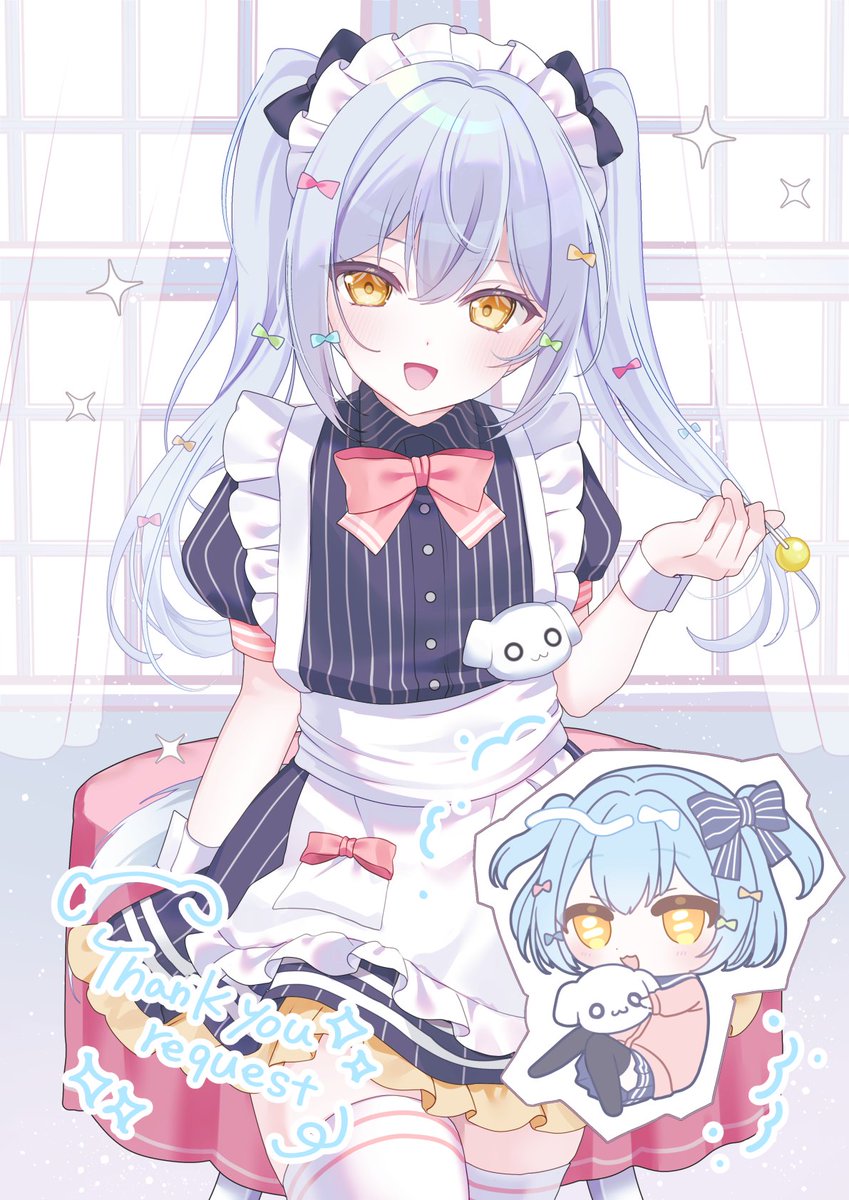 1boy, apron, black_dress, blue_hair, bow, bowtie, buttons, chibi, chibi_inset, commission, crossdressing, crossdressing_(mtf), dress, english_text, hair_bow, highres, inuyama_tamaki, inuyama_tamaki_(2nd_costume), long_hair, looking_at_viewer, maid, maid_apron, maid_headdress, male_focus, male_maid, multiple_hair_bows, njuzu, noripro, official_alternate_costume, pinstripe_dress, pinstripe_pattern, skeb_commission, smile, solo, thank_you, thigh-highs, trap, twintails, white_thighhighs, yellow_eyes, zettai_ryouiki