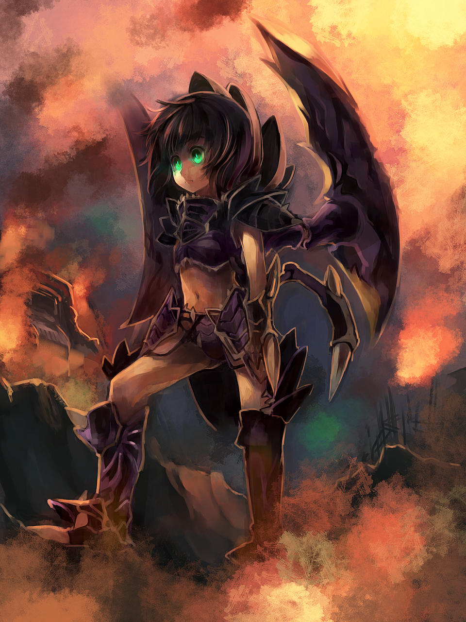 bikini, boots, glowing, glowing_eyes, green_eyes, highres, horns, midriff