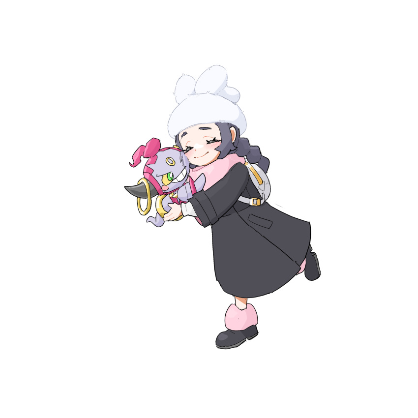 1girl, affectionate, ansha_(pokemon), backpack, bag, black_coat, black_shoes, blush, closed_eyes, closed_mouth, coat, commentary_request, eyelashes, happy, hat, highres, holding, holding_pokemon, hoopa, hoopa_(confined), korean_commentary, leg_warmers, long_sleeves, malryu, pink_leg_warmers, pink_scarf, pokemon, pokemon_(creature), pokemon_legends:_z-a, scarf, shoes, smile, transparent_background, white_hat