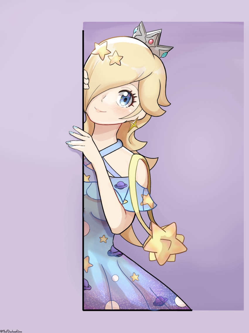 1girl, alternate_costume, bag, blonde_hair, blue_eyes, blue_nails, closed_mouth, crown, draw_this_in_your_style_challenge, dress, earrings, eyelashes, hair_over_one_eye, highres, jewelry, looking_at_viewer, rosalina, shoulder_bag, smile, solo, space_print, star_(symbol), star_earrings, starry_sky_print, super_mario_bros., thedarkestuno, twitter_username, yellow_bag