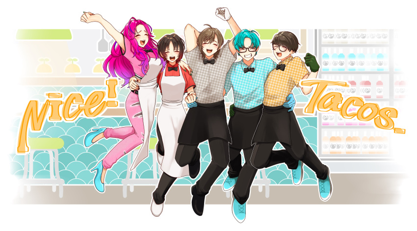 2girls, 3boys, absurdres, apron, arm_up, black_apron, black_bow, black_bowtie