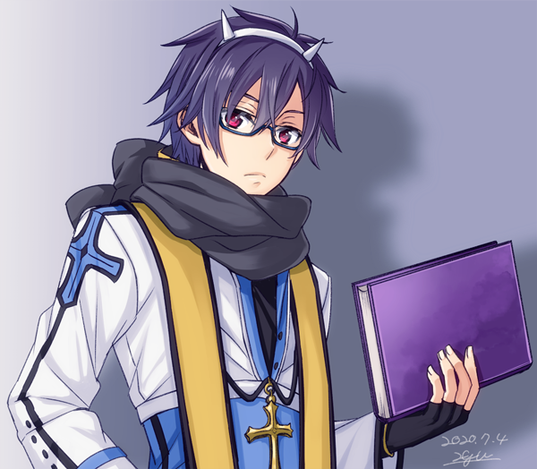 1boy, 20nigu, arch_bishop_(ragnarok_online), black-framed_eyewear, black_gloves, black_scarf, blue_coat, book