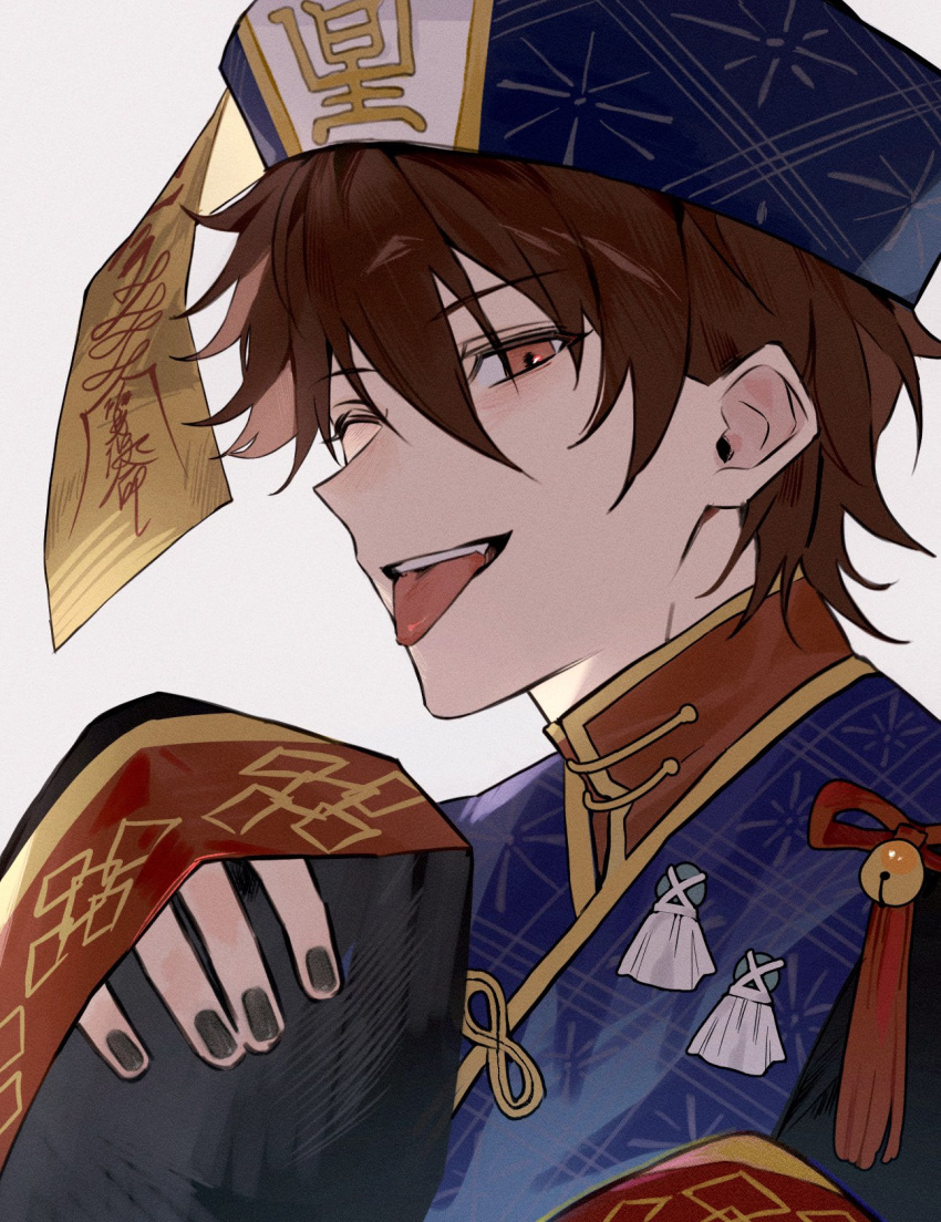 1boy, bell, black_nails, brown_hair, ensemble_stars!, fingernails, hand_up, highres, jiangshi, jiangshi_costume, looking_at_viewer, male_focus, mandarin_collar, meohaji, morisawa_chiaki, nail_polish, official_alternate_costume, one_eye_closed, short_hair, sideways_glance, simple_background, sleeves_past_wrists, solo, sweet_halloween_(ensemble_stars!), teeth, tongue, tongue_out, upper_body, upper_teeth_only