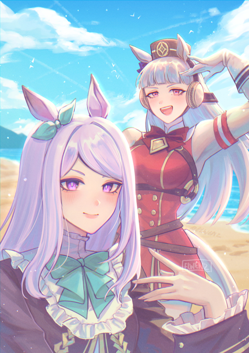 2girls, absurdres, animal_ears, aqua_bow, aqua_bowtie, aqua_ribbon, armband, beach