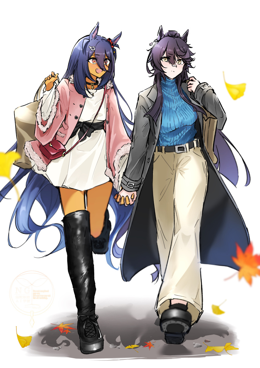 2girls, absurdres, animal_ears, autumn_leaves, bag, bandaid, bandaid_on_face, bandaid_on_nose
