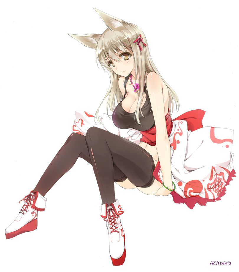 black_legwear, blonde_hair, breasts, fox_ears, grey_eyes, hair_ornament, jewelry, large_breasts